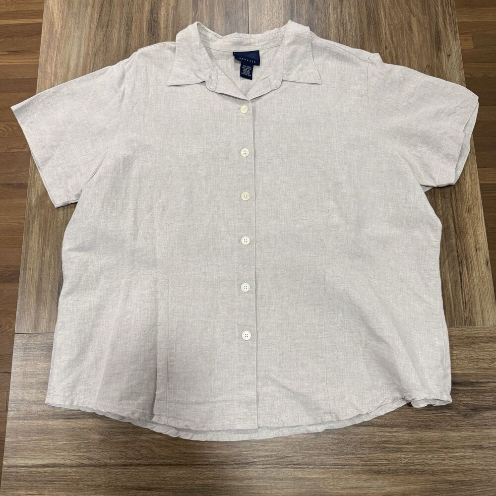 Venezia Shirt Womens 18/20 Tan Linen Blend Short Sleeve Button Up Blouse Top